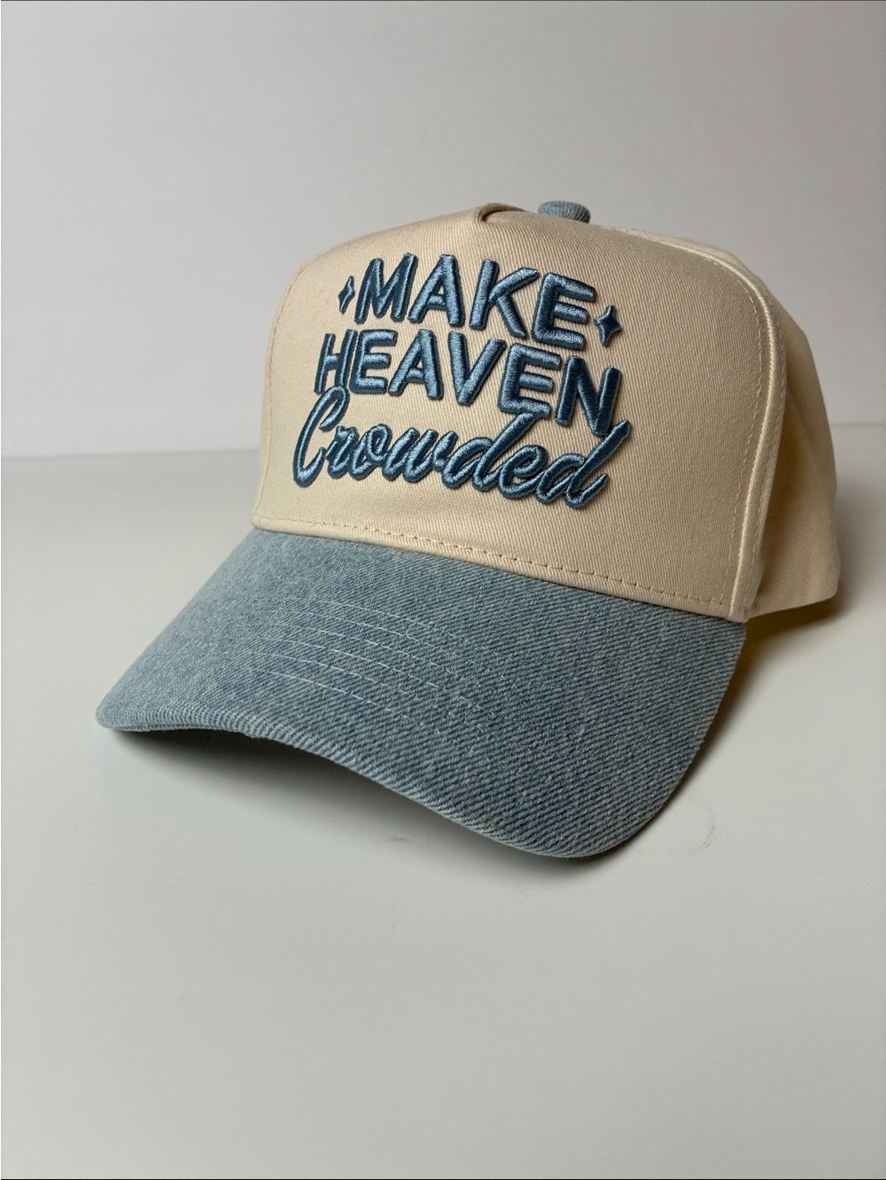 Make Heaven Crowded Embroidered Trucker Cap - Cream & Denim Blue